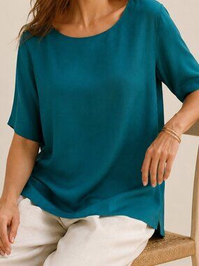 Monsoon 100% Silk Teal Green Tunic | Short Sleeve Silk Top | Size 10